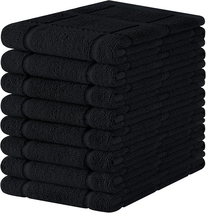 Homaxy Premium Kitchen Towels 18"x28", 8 Pack Large Cotton 380 GSM Dish Towels, Soft and Absorbent Kitchen Hand Towels with Terry Grid Design, Utility Tea Towel Set with Hanging Loop, Black