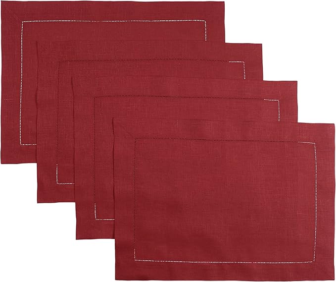 D'Moksha Homes Red Linen Placemats Set of 4 - Classic Hemstitch Placemats 14 x 19 Inch - 100% Pure Linen Table Mats for Mothers Day, Spring - Handcrafted and Machine Washable
