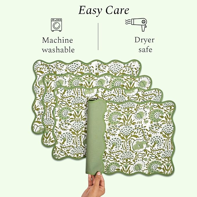 CPC Cotton Placemats Agate Green Set of 4-Hand Block Printed Reversible Placemats, Flower Scalloped & Embroidered Cloth Table Mats - 14 x 20 inch Gift for Spring, Mother's Day