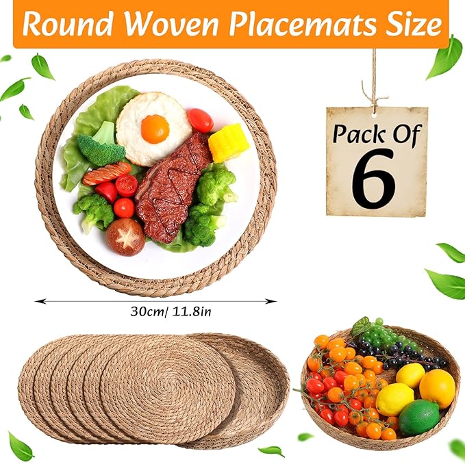 Boho Placemats 4/6/8 Set of Round Woven Placemat Macrame Style Bicolor Stitching Long Table Runner Farmhouse Rustic Natural Burlap Cotton for Kitchen Dining Table(6 Sets,Brown,12x72)