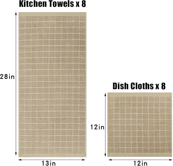 Homaxy Kitchen Towels and Dishcloths Set, 12 x 12 and 13 x 28 Inches, Set of 16 Bulk Cotton Terry Kitchen Towels Set, Checkered Designed, Soft and Super Absorbent Dish Cloths, Tan