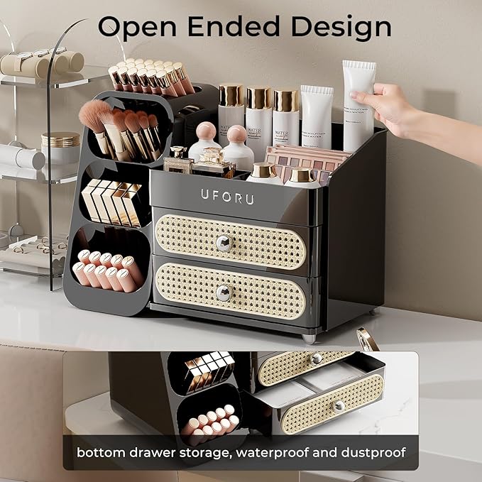 Makeup Organizer for Vanity with Brush Holder, Large Plastic Bathroom Countertop Skincare Organizer with 2 Drawers, Spacious Cosmetic Display Case for Perfumes, Eyeshadow Palettes, Nail Polishes
