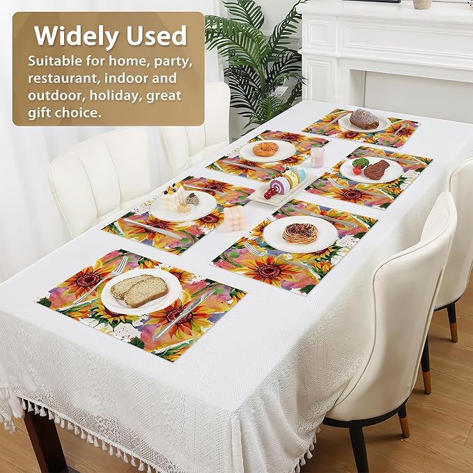 Placemats Set of 6 Linen Washable Kitchen Dining Watercolor Sunflower Table Mats Stain Heat-Resistant Desktop Décor Colorful Wildflower Place Mats for Home Party Indoor 12x18 in