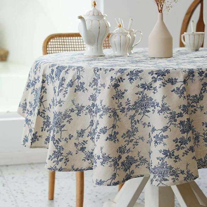 YiHomer Pastoral Round Tablecloth - 48 Inch Dia. Table Cloth - Washable Table Cover with Dust-Proof Wrinkle Resistant for Restaurant, Picnic, Indoor and Outdoor Dining, Floral (Dark Blue)