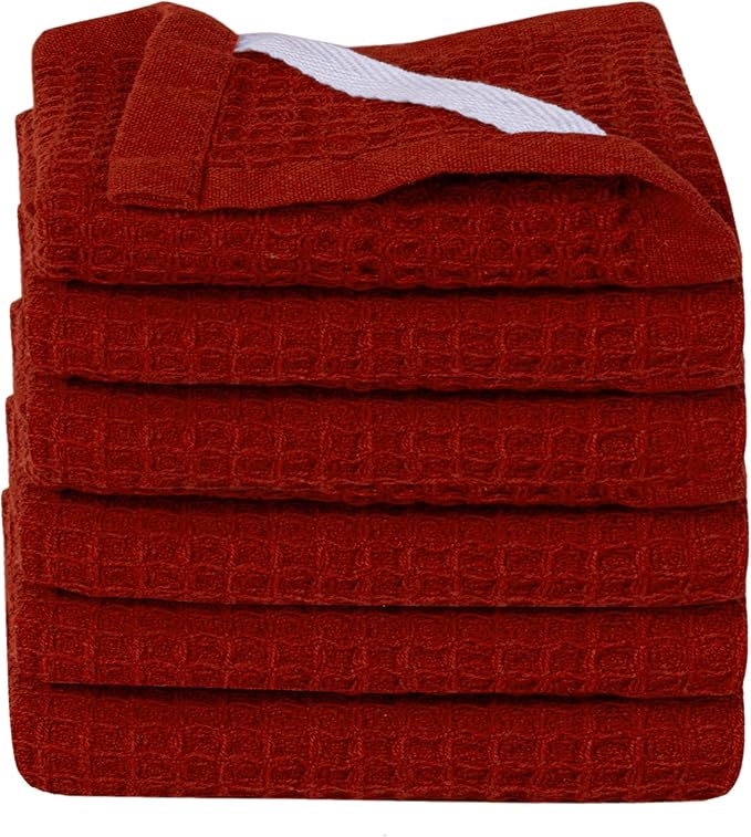 WHITEWRAP Premium Cotton Classic Waffle Weave Kitchen Dish Cloths, 12x12 Inch Ultra Absorbent Lint-Free Dish Towels, Fast Drying Dishcloths for Washing Dishes, 6 Pack, Red