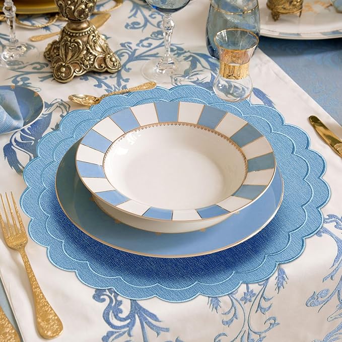 Set of 6 Blue Cotton Linen Placemats, 15x15 Scalloped Flower Embroidery Cloth Table Mats Double Layered Fabric Machine Washable Wrinkle Free Dining Placemat for Hotel Restaurant Kitchen Decor