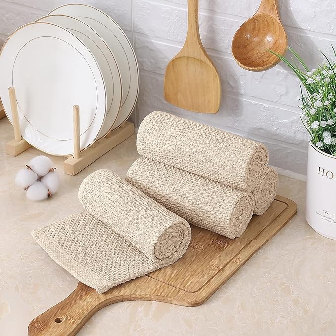 Kitinjoy 100% Cotton Kitchen Towels and Dishcloths Set, 10 Pack-13" x 28" and 12" x 12" Waffle Weave Dish Towels, Ultra Soft Absorbent Quick Drying Dish Rags, Beige