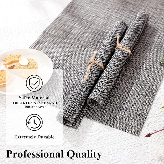 SHACOS Placemats Set of 4 for Dining Table Woven Vinyl Reversible Table Mats Wipe Clean Non Slip Place Mats Indoor Outdoor, Dark Gray
