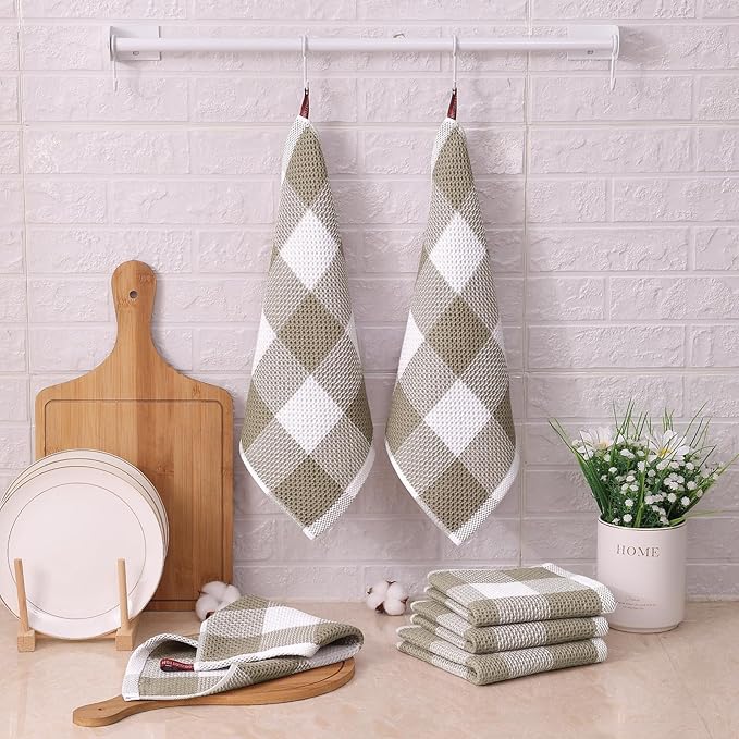 Mordimy 100% Cotton Waffle Weave Plaid Dish Cloths, 12 x 12 Inches, Super Soft and Absorbent Quick Drying Buffalo Check Dish Rags for Kitchen, 12-Pack, Khaki & White