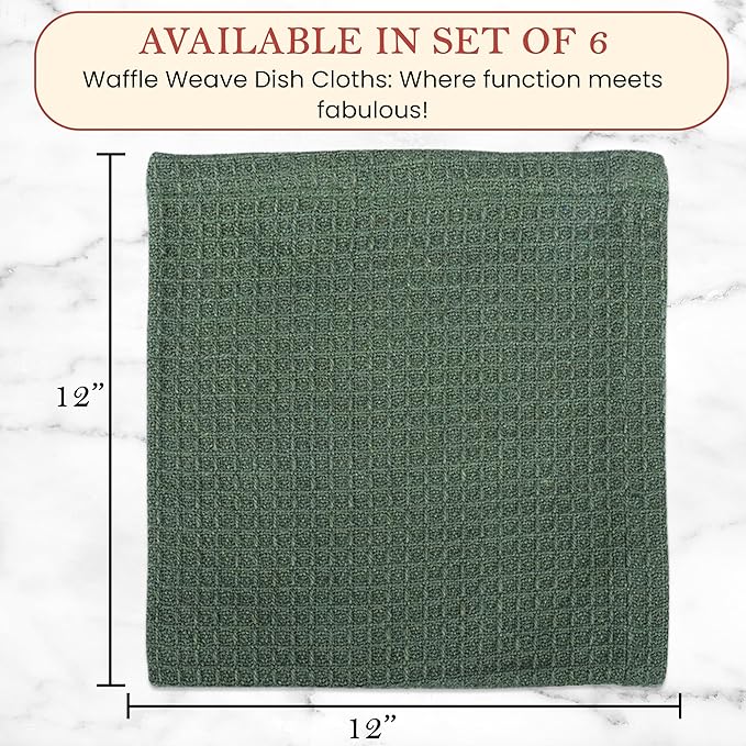 Vintage Vista 100% Cotton Waffle Dish Cloths (Pack of 6) - Dish Rags for Washing Dishes - Reusable & Highly Absorbent Kitchen Towels - Kitchen Rags fo Easter - (12" x 12" - Hunter Green)