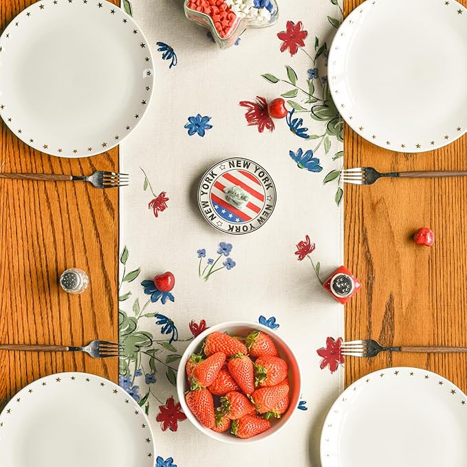 Artoid Mode Cross Star Floral Patriotic 4th of July Table Runner, Memorial Day Kitchen Dining Table Decoration for Home Party Decor 13x48 Inch