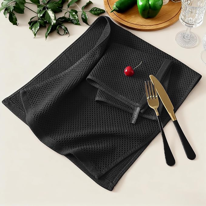Kitinjoy 100% Cotton Kitchen Towels and Dishcloths Set, 10 Pack-13" x 28" and 12" x 12" Waffle Weave Dish Towels, Ultra Soft Absorbent Quick Drying Dish Rags, Black