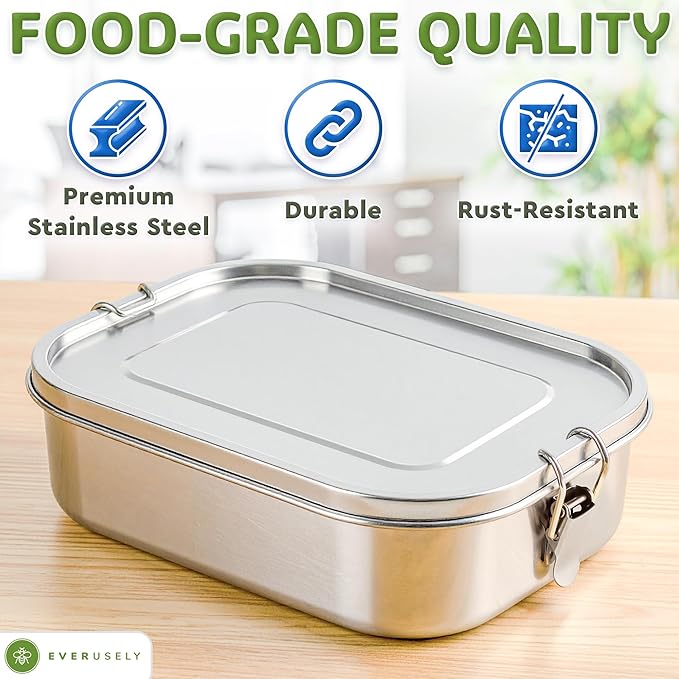 Everusely - Bento Box - Stainless Steel Lunch Box for Adults - 40 oz, 1.2 L - 3 Compartment Snack Container with Removable Silicone Seal + Secure Lock Clips - Non Plastic, Leakproof, Dishwasher Safe