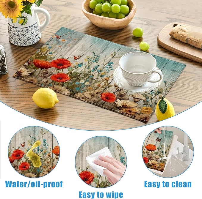 Poppy Butterfly Wood Grain Placemats Set of 6, Vintage Flower Washable Linen Place Mat Heat Resistant Non Slip Kitchen Dining Table Mats 12x18 Inch
