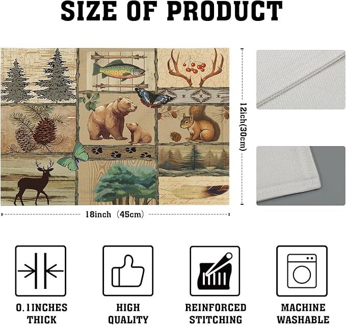 Cabin Placemats Set of 4 - Forest Bear Moose Place Mats Set of 4 Pine Tree Wild Animal Art Kitchen Dining Table Mat for Indoor Outdoor Decorations 12 x 18 Inch