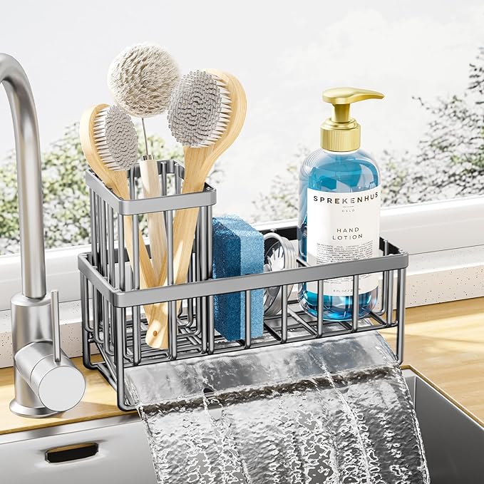 Kitsure Sponge Holder for Kitchen Sink - Rustproof Stainless Steel Sink Caddy Organization and Storage Essentials with High Brush Holder, Home Decor Accessories, 7.9" x 3.7" x 6.2", Silver