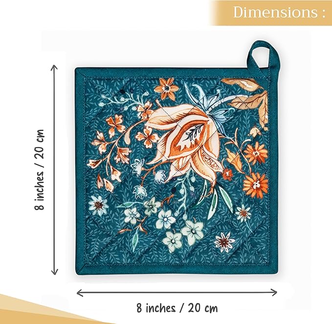 Maison d' Hermine Pot Holders Set 100% Cotton Heat Resistant Potholders 8" x 8" Hot Pads with Loop for Thanksgiving Christmas Decorations Baking Handling Hot Pans (Pack of 2, Luxury Loft - Dark Teal)