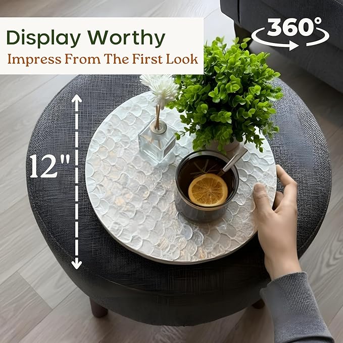 CHI AN HOME 12 Inch Capiz Lazy Susan, Decorative Lazy Susan Turntable Centerpiece for Dining Table, Kitchen Counter, Round Mother of Pearl Capiz Shell Spinning Tray for Countertop & Tabletop (White)