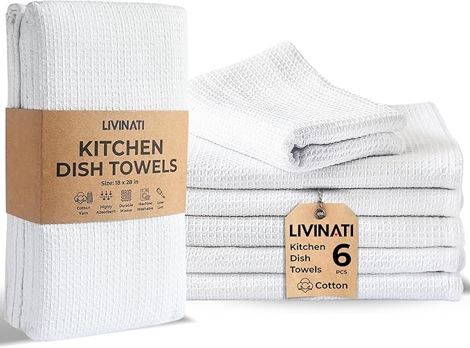 Highly Absorbent Cotton Dish Towels for Drying - Set of 6 White Kitchen Towels - 18"X28" Lint Free Waffle Weave Cloth Linen Hand Bathroom Bulk Dishtowels