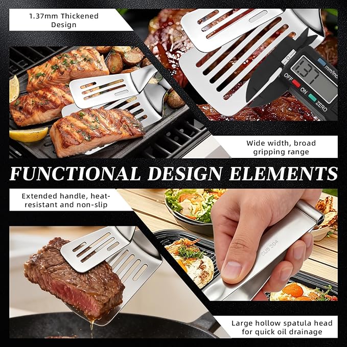 [2-in-1 Detachable Design] 12-Inch 304 Stainless Steel Spatula Tongs, Rust-Proof Metal Tongs for High Heat Cooking, Professional Food Turner for BBQ and Grilling, Durable Kitchen Essential