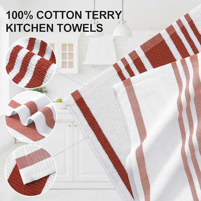 Homaxy Premium Kitchen Towels 18”x 28”, Large Cotton 380 GSM Kitchen Hand Towels, Stripe and Terry Dish Towel, Highly Absorbent Tea Towel Set with Hanging Loop, 8 Pack, Rust