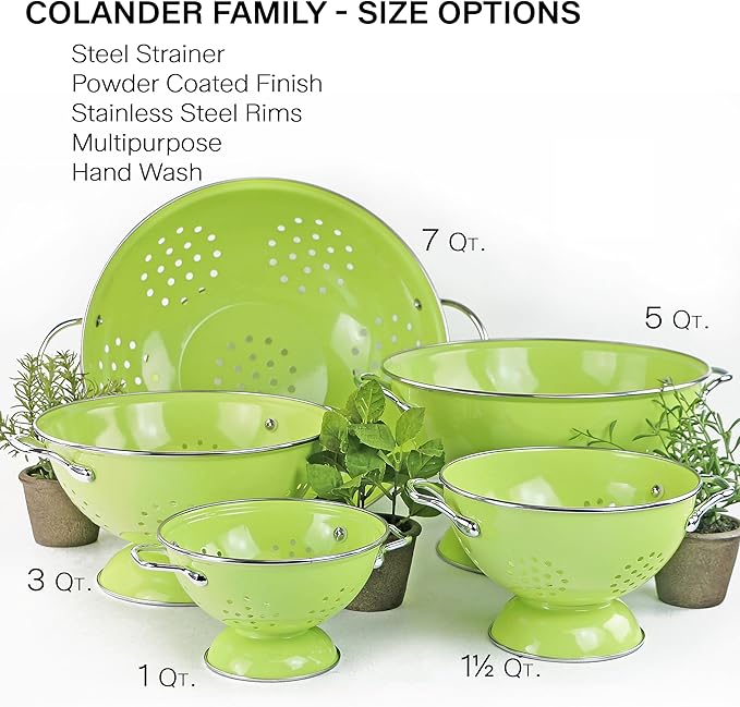 Reston Lloyd, 1.5 Quart Powder Coated Steel Kitchen Strainer Basket for draining Pasta, Vegetable and Fruit, Chrome Handles and Wide Stable Base, Lime