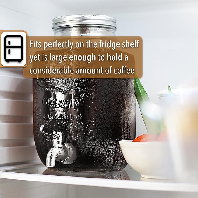 BTaT- 1 Gallon Cold Brew Coffee Maker, Thick Glass Pitcher with Stainless Steel Filter, Lid & Spigot, Iced Coffee & Sun Tea Brewer, Large Mason Jar Cold Brew Container, Fast Iced Tea Maker for Fridge