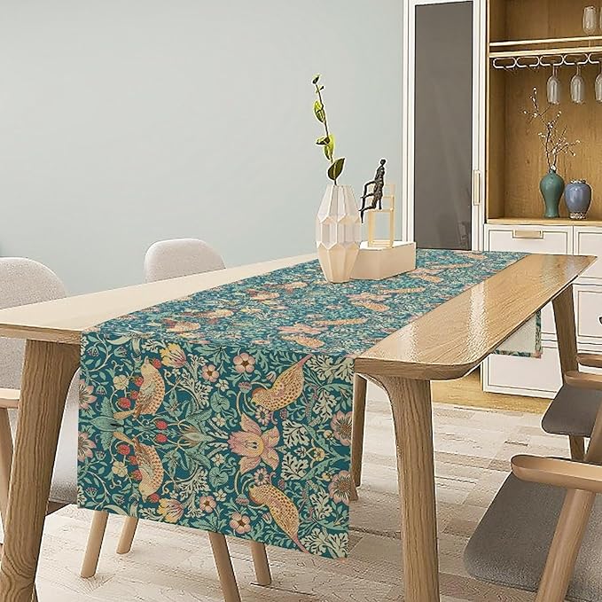 William Morris Floral Table Runner Strawberry Thief Vintage Flower Art Printed Dinner Runner for Home Kitchen Dining Table Living Room Decor Fabric 1 Panel W13xL60in