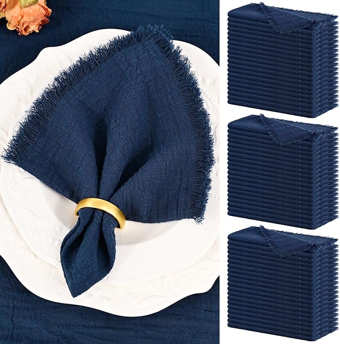 Showgeous 60 Pack Navy Blue Cloth Napkins with Fringe 16x16 inch 100% Cotton Blue Napkins Handmade Dinner Napkins Bulk Washable Soft Rustic Table Napkins for Wedding Parties Bridal Baby Shower