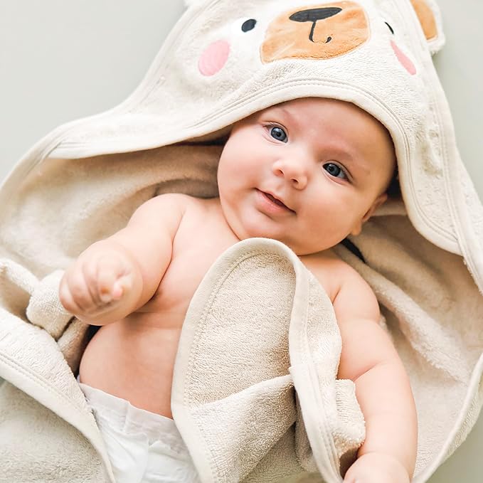 CuddleBug Premium Hooded Baby Bath Towel & Washcloth Set (Bear) - 100% Cotton Terrycloth Hooded Baby Towels for Newborn & Toddler - Super-Soft & Absorbent, Newborn Essentials (33" x 33") - Honey Beige