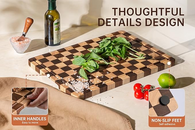 Checkered Cutting Boards for Kitchen, Wooden Chopping Board with Juice Grooves & Handles, Acacia Decorative Cutting Board Butcher Block Serving Tray with Gift Box, 16.5" x 11.6" x 0.8"
