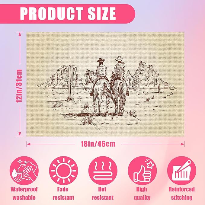 Western Cowboy Placemats Set of 6,12x18 Inch Linen Place Mat Washable Stain Resistant Table Mats for Spring Summer Seasonal Farmhouse Kitchen Party Home Decor