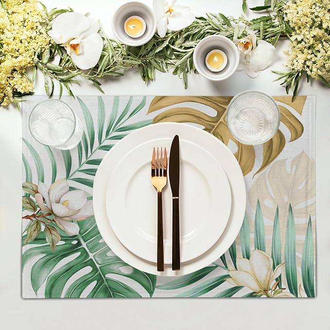 Giwawa 4PCs Tropical Palm Leaf Placemats Summer Green Brown Banana Leaves Decorative Linen Table Mat 12"x18" Hawaiian Monstera Flowers Heat Resistant Washable Place Mats for Kitchen Dining