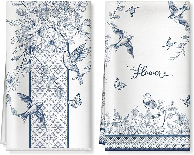 Vintage Bird Floral Microfiber Kitchen Towels, Soft Absorbent Hand Towel 15.7 × 23.6 inch, Thick Dish Cloth for Party Anniversary Holiday Decoration, Housewarming Gifts for Mom
