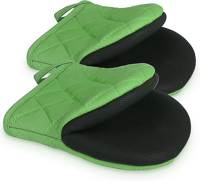 Short Oven Mitts, Heat Resistant 500°F, Silicone Grip Kitchen Gloves, Non-Slip for Baking, Grilling, BBQ, Machine Washable with Hanging Loop, 2-Pack Set, Dark Green