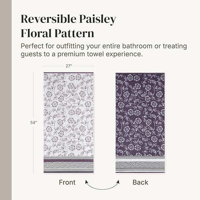 Modern Threads Floral Trail 6-Piece 100% Cotton Towel Set – Reversible Yarn Dyed Jacquard – Includes 2 Bath Towels, 2 Hand Towels, 2 Washcloths – Absorbent, Quick Dry, Soft & Durable – Purple