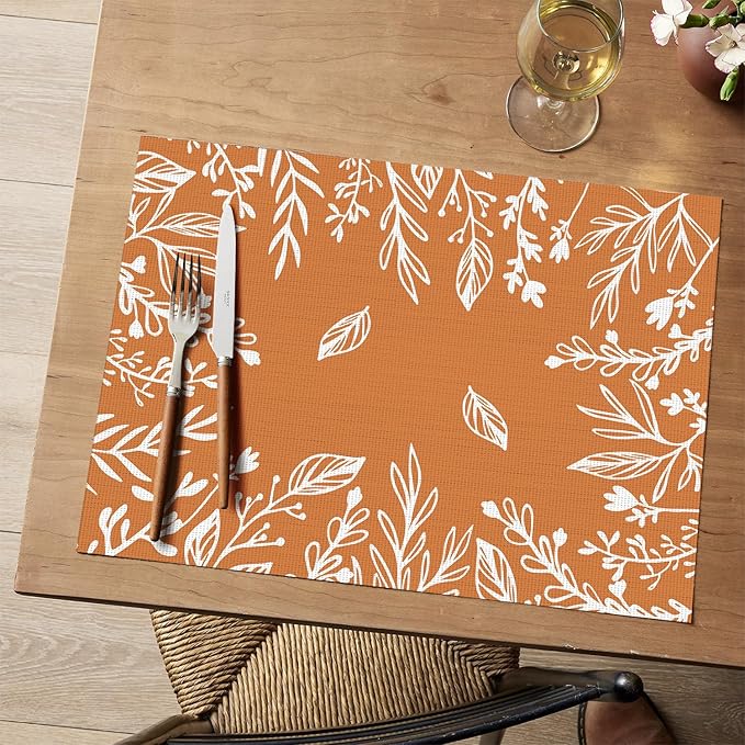 Artoid Mode Orange Weed Wild Flower Vinyl Plastic Placemats Set of 4, 12x18 Inch Woven Washable Non-Slip PVC Place Mats for Party Kitchen Dining Decor