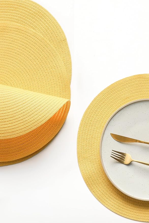 Floroom 15 Inch Round Braided Placemats Set of 4, Washable Heat Resistant Cotton Polyester Circle Place Mats for Kitchen Dining Table - Yellow