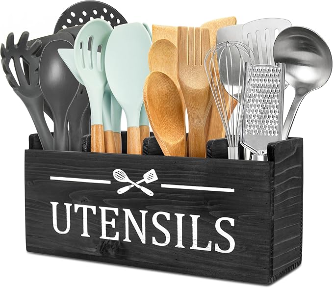 RedCall Extra Large Utensil Holder Organizer,4 Compartments Wooden Kitchen Tool Holder for Countertop,Rustic Farmhouse Utensil Organizer for Spatula Spoon Storage (Black-4)