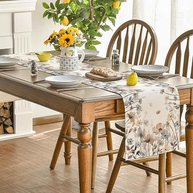 Artoid Mode Brown Poppy Flowers Floral Blossom Summer Table Runner, Spring Fall Kitchen Dining Table Decoration for Home Party Decor 13x120 Inch