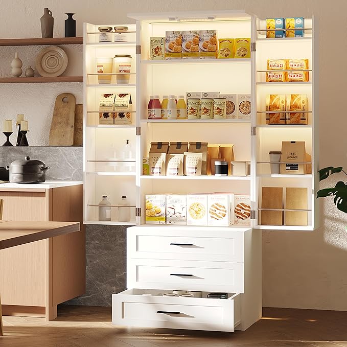 FJTJBSI 72" LED Kitchen Pantry Cabinet with 3 Drawers Farmhouse Tall Storage Cabinet Wood Food Pantry with Barn Doors and Adjustable Shelves Versatile Storage Freestanding Cupboard for Kitchen