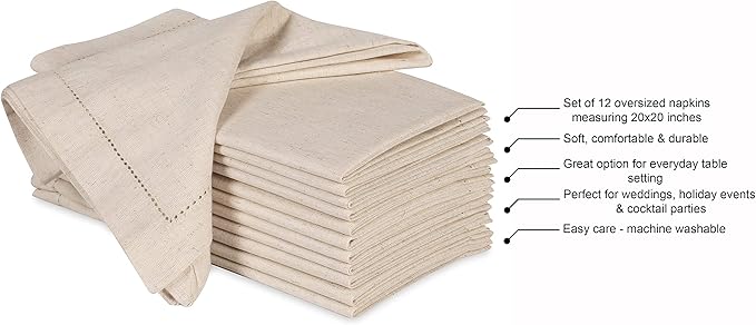 Hausattire Cloth Dinner Napkin Flax Fall Hemstitched Mitered Corner 20x20 Inch Natural Easter Basket Decor Soft Durable Table Linen Napkins Ideal for Halloween,Cocktail Parties