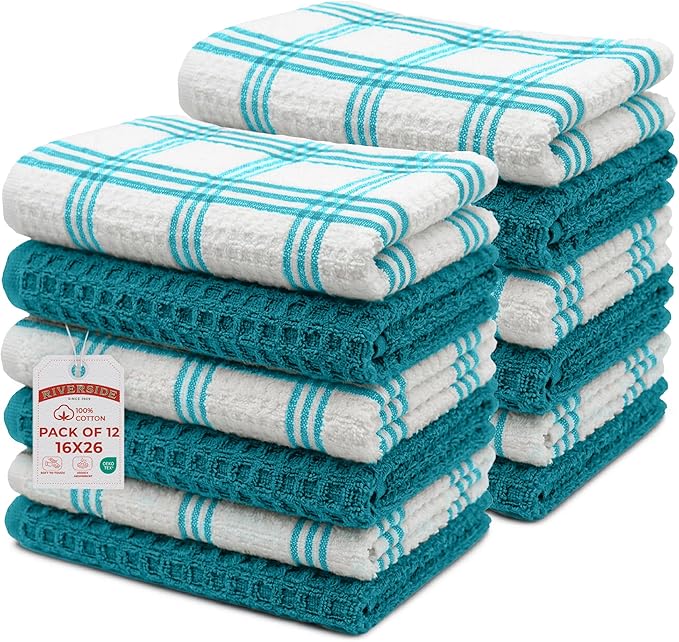 RIVERSIDE Pack of 12 Premium Kitchen Towels 16 x 26 Inches, 100% Cotton Kitchen Hand Towels, Super Soft and Highly Absorbent Dish Towels for Kitchen (Teal)
