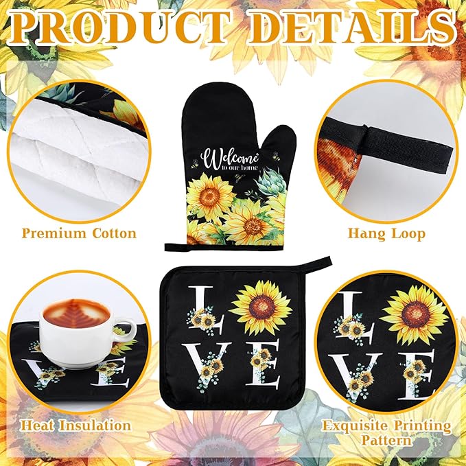 Leinuosen 6 Classic Sunflower Kitchen Towels Kitchen Decor and Accessories Set Floral Plant Oven Mitts and Pot Holders Sets Farmhouse Absorbent Dish Towels for Cooking Baking Grilling