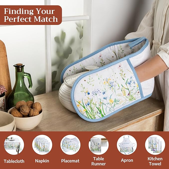 Maison d' Hermine Double Oven Mitts 100% Cotton 7"x35" Double Oven Mitt Heat Resistant BBQ Cooking Gloves with Loop Baking Grilling Gifts for Mothers Day Spring Summer (Fleurs De Mai)