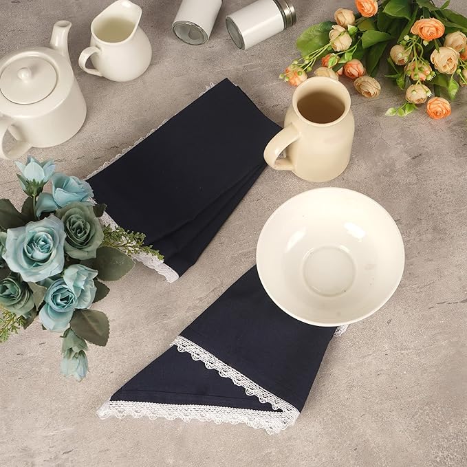 Fingercraft Dinner Cloth Napkin Cotton Linen Set of 12 Mitered Corners with Natural Elegant Lace for Everyday Use Napkins are Pre Shrunk and Good Absorbency with Lace 20x20 in Navy Easter Color