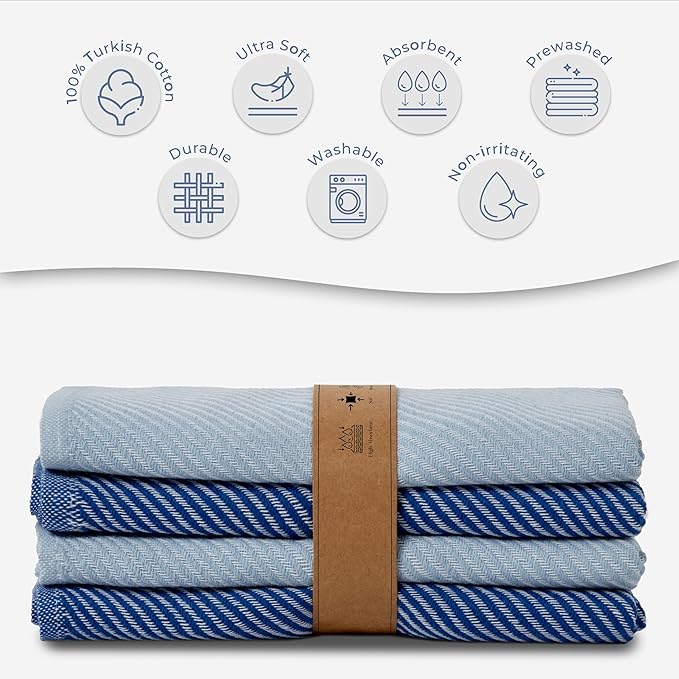 Ossano Decorative Tea Towels Set - 4 Pack, (20" x 30") - Large & Flour Sack - Versatile as, Kitchen Tea Towels, Decorative Dish Towels, Kitchen Hand Towels, Soft Kitchen Towels, Light and Navy Blue
