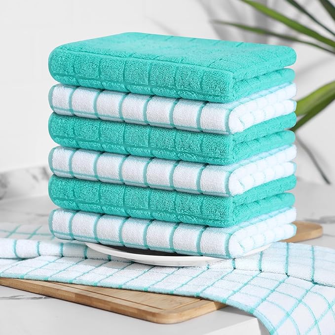 Homaxy Premium Cotton Kitchen Towels 16"x 28", Large Natural Ring Spun 390 GSM Dish Towels, Super Absorbent Terry Kitchen Hand Towels, Soft Tea Towels with Hanging Loop, Aqua Check Design, 12 Pack