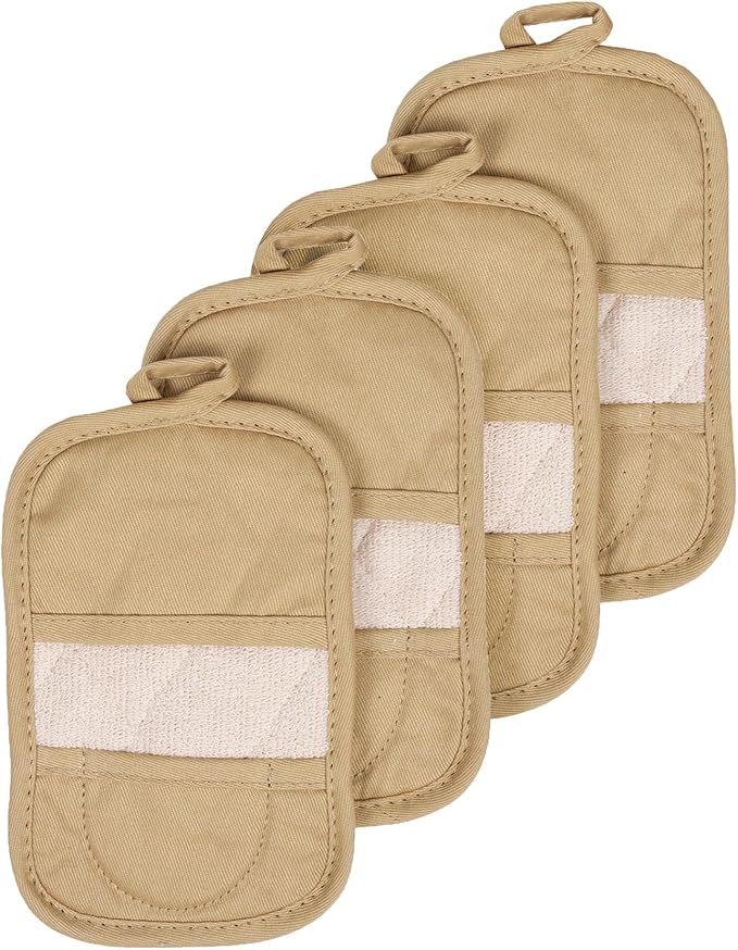RITZ Premium Pot Holders & Heating Pads (4-Pack), 8.5" x 5.5", Heat Resistant, 100% Cotton Terry-Looped Pocket, Kitchen and Barbeque, Biscotti