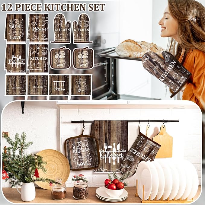 12 Pcs Farmhouse Kitchen Oven Mitts and Pot Holders Decor Sets 4 Wood Kitchen Hand Towels 4 Absorbent Dishcloths 2 Pot Holders 2 Oven Mitts Glove for Home Decorations Mom Baking Cooking Grilling Gift